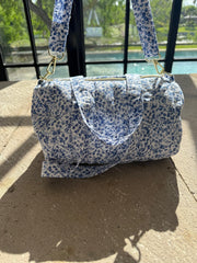 White & Blue Floral Mini Duffle Bag