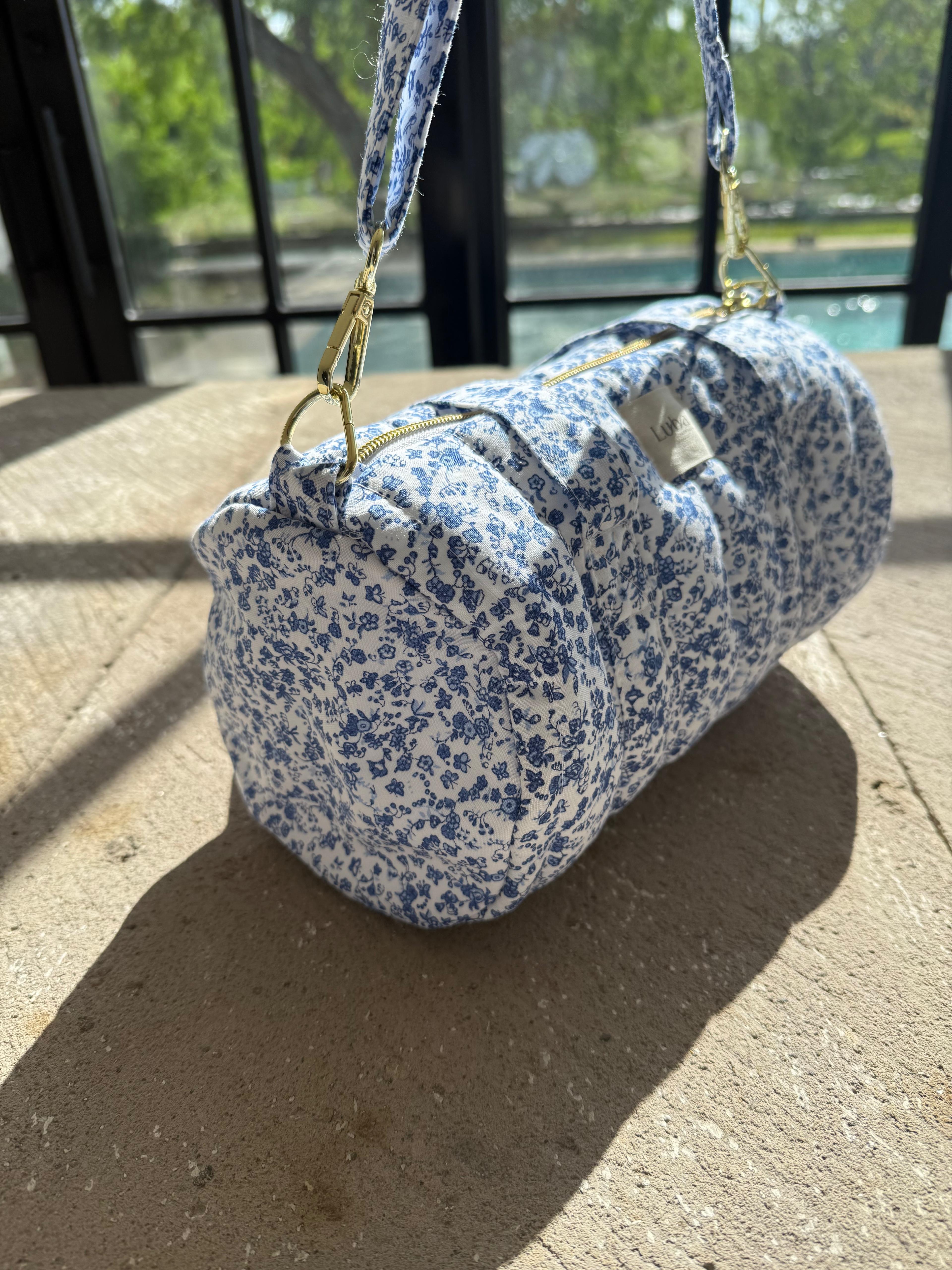 White & Blue Floral Mini Duffle Bag